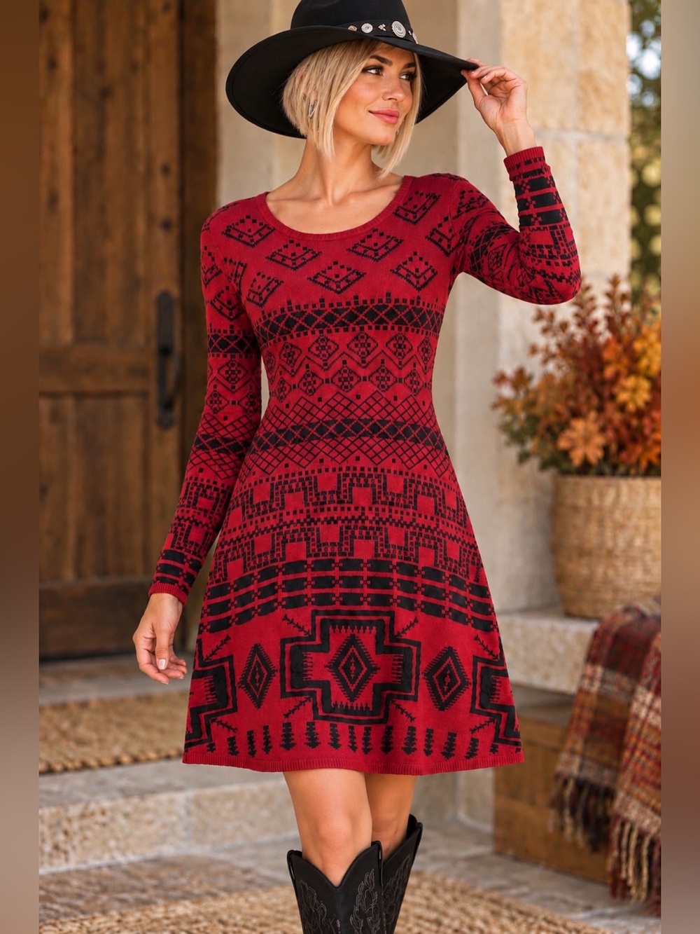 Desigual Edith Red Black Geometric Knit Fit & Flare Knit Dress S Tribal Festival